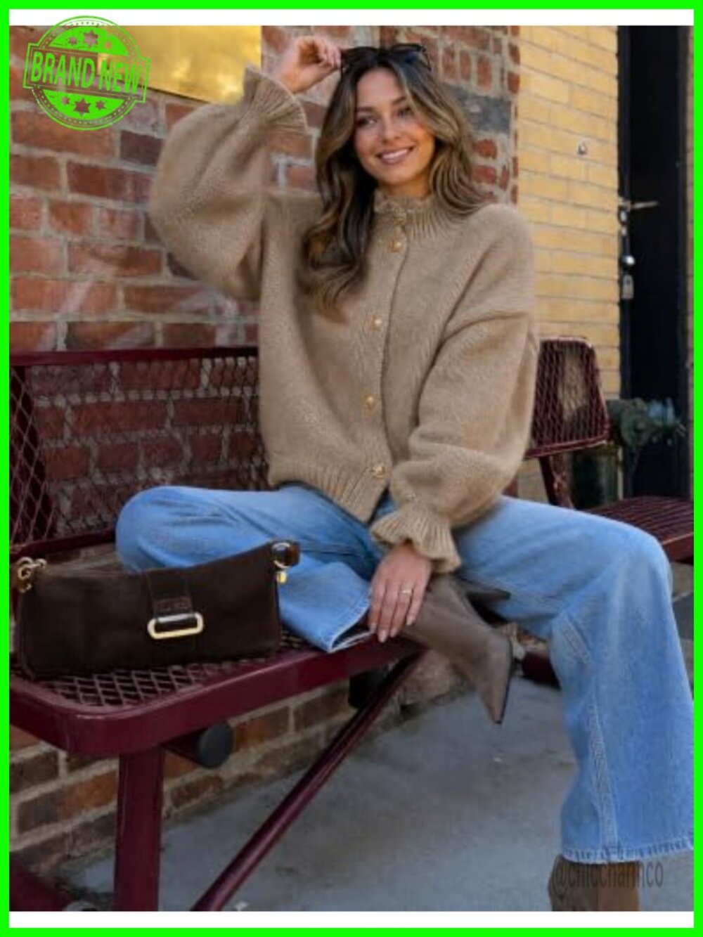 Chunky Knit Cardigan Ruffle Mock Neck Button Down Sweater - Picture 2 of 6